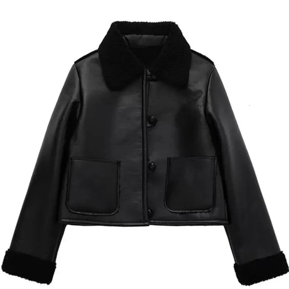 Commense Jackets & Blazers - ◼️Commense Black Faux Leather Jacket with Shearling Collar and Cuffs